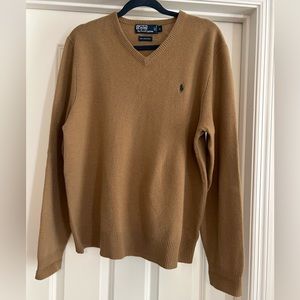 Polo Ralph Lauren Men's Tan Brown 100% Lamb's Wool V Neck Sweater Large